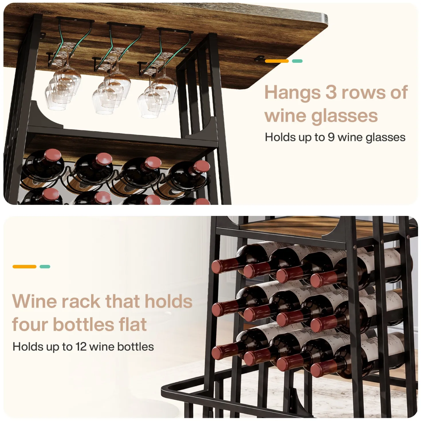 39.4" Bar Table with Storage, 3-Tier Counter Height Pub Table with Glass Holder & Wine Rack