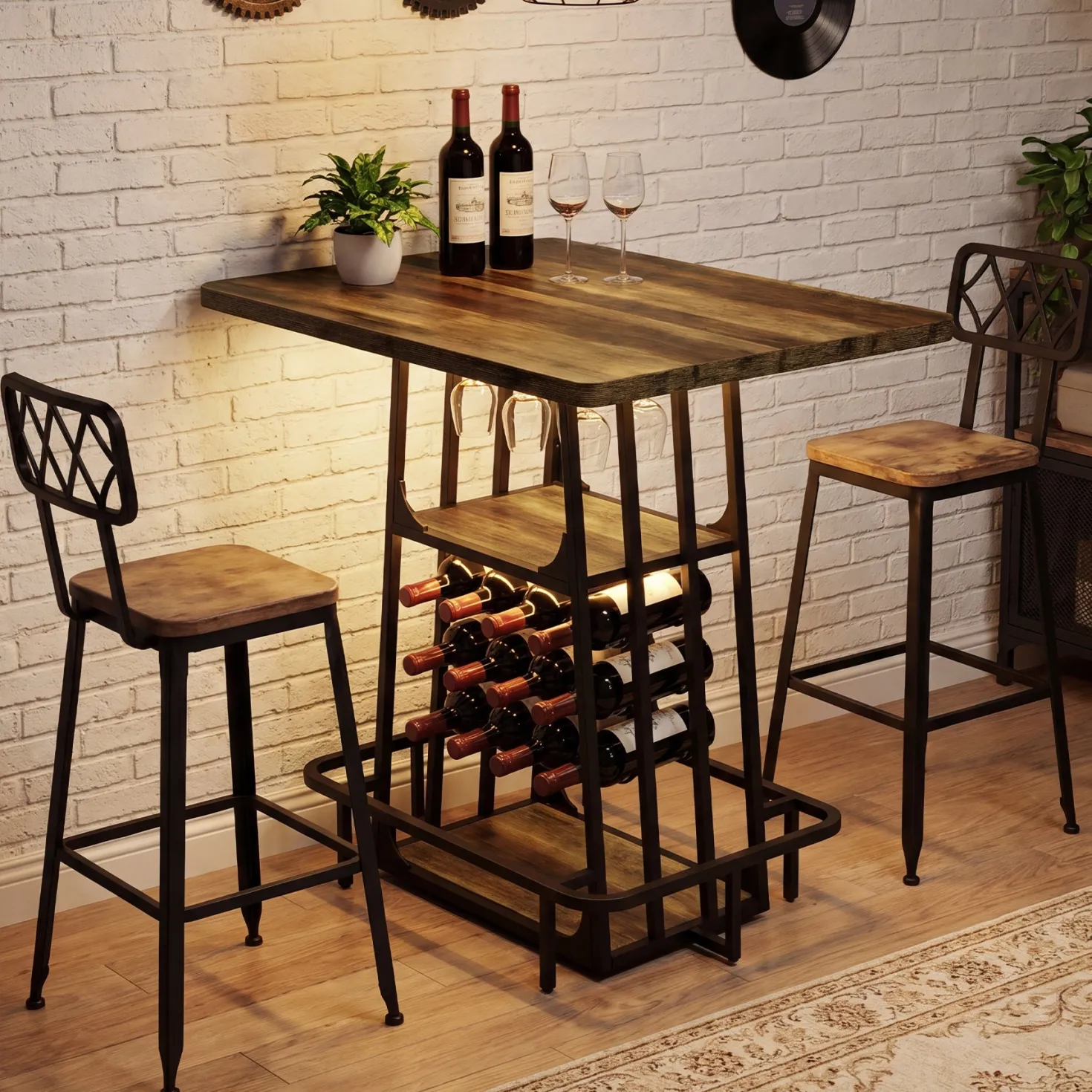 39.4" Bar Table with Storage, 3-Tier Counter Height Pub Table with Glass Holder & Wine Rack