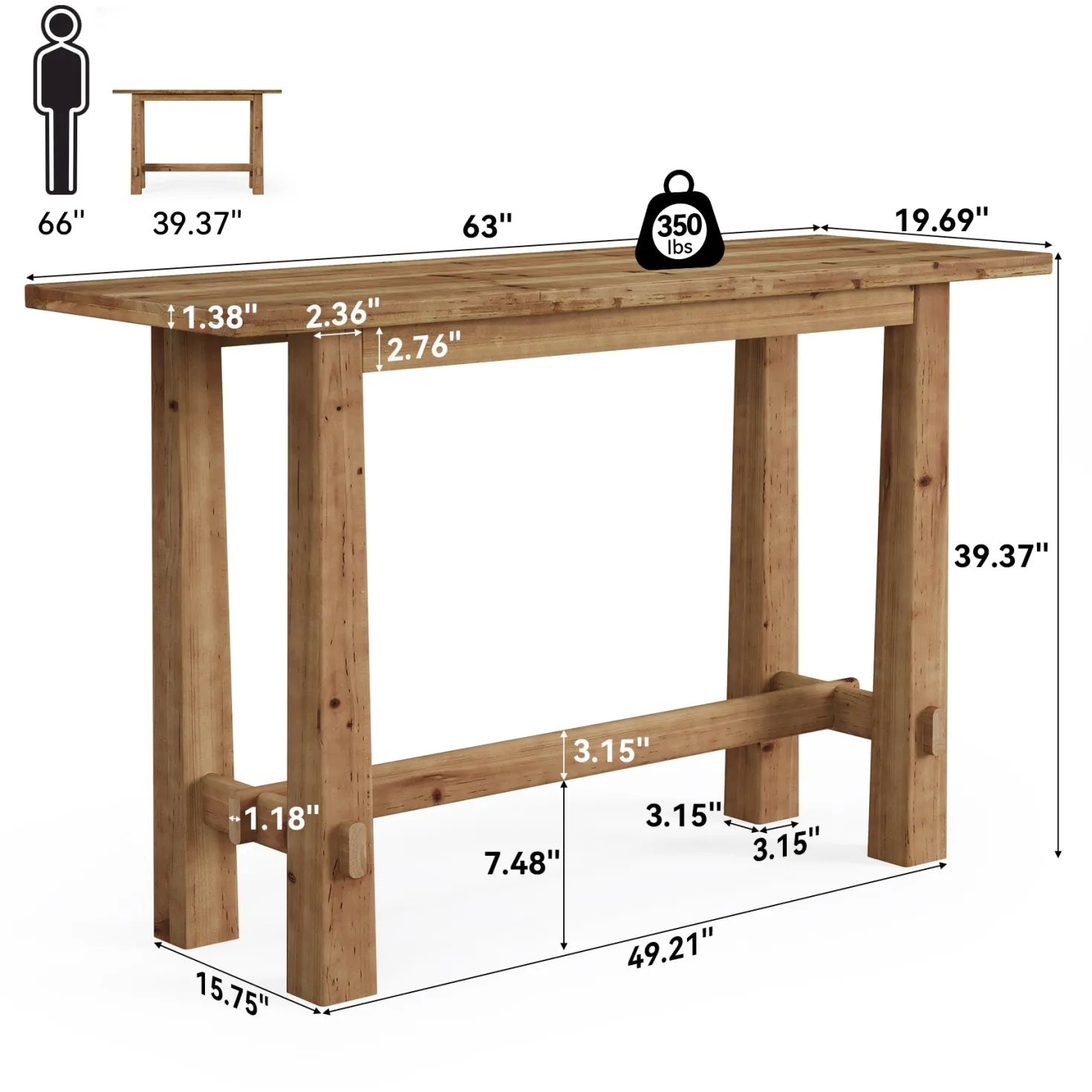 63" Bar Table, Wood Bar Height Pub Table Home Bar Unit
