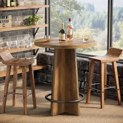 37.4" Bar Table, Wooden Bistro Pub Table with Metal Ring Footrest