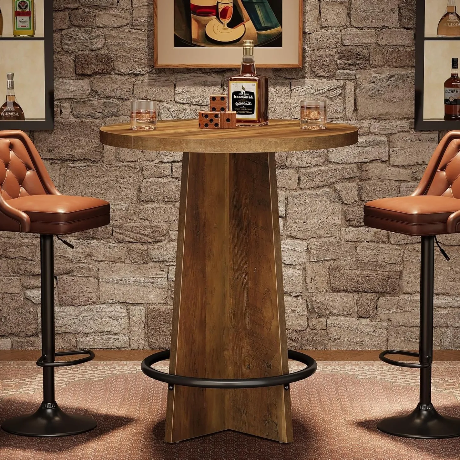 37.4" Bar Table, Wooden Bistro Pub Table with Metal Ring Footrest