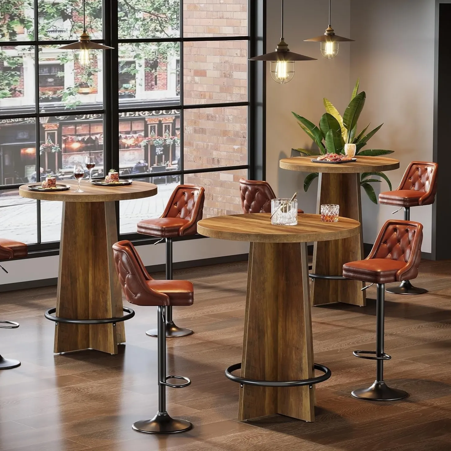 37.4" Bar Table, Wooden Bistro Pub Table with Metal Ring Footrest