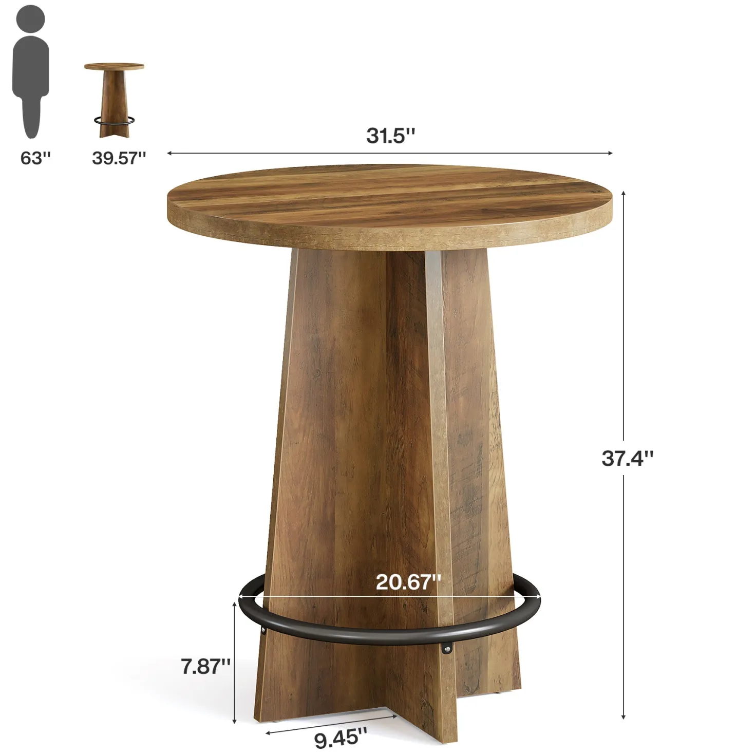 37.4" Bar Table, Wooden Bistro Pub Table with Metal Ring Footrest