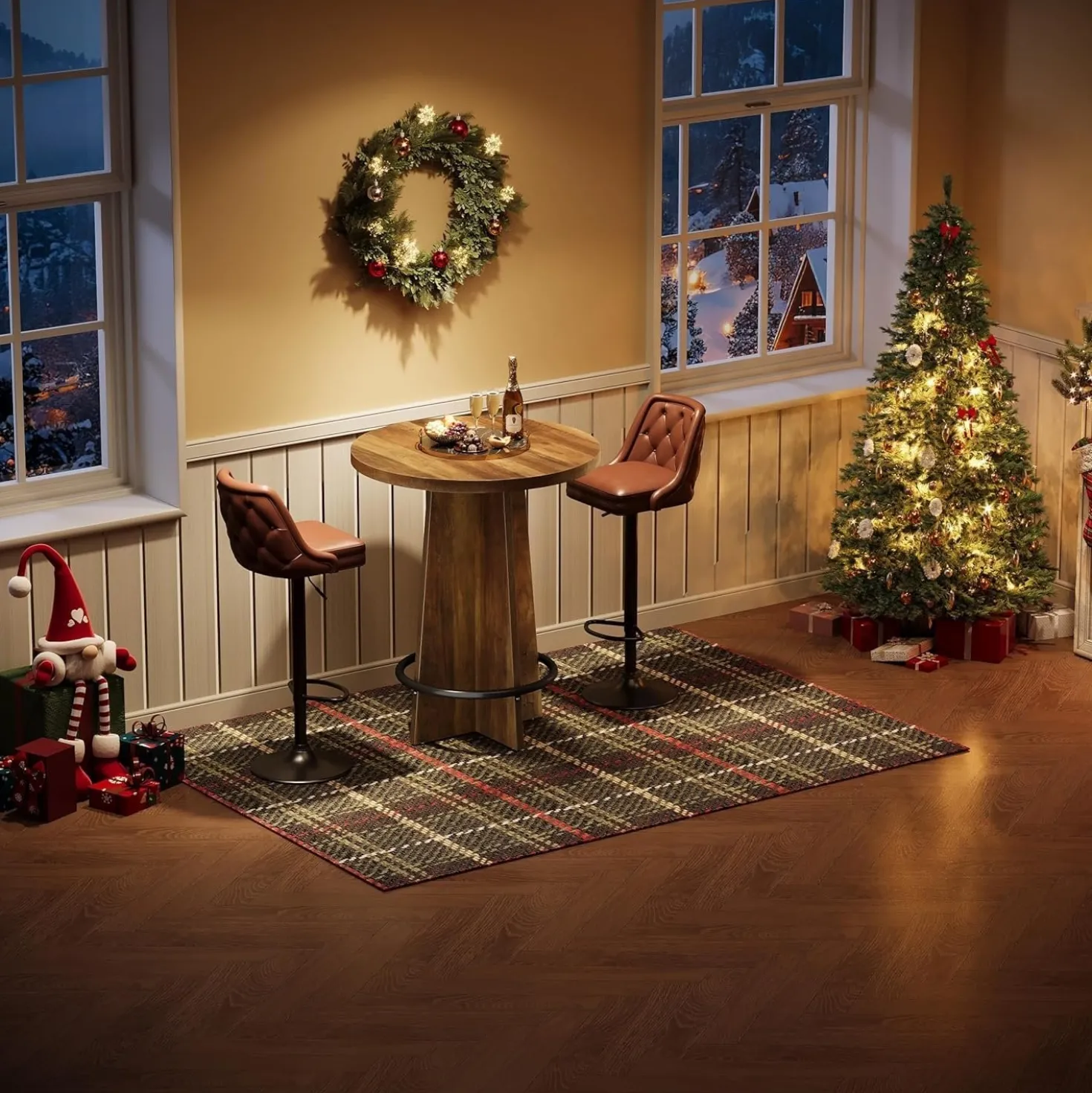 37.4" Bar Table, Wooden Bistro Pub Table with Metal Ring Footrest