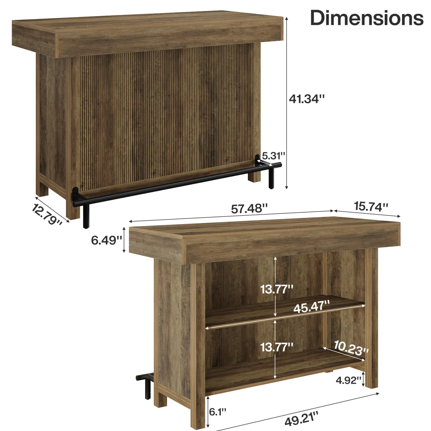 57.48" Bar Unit, Industrial Counter Height Bar Table with 2-Tier Storage