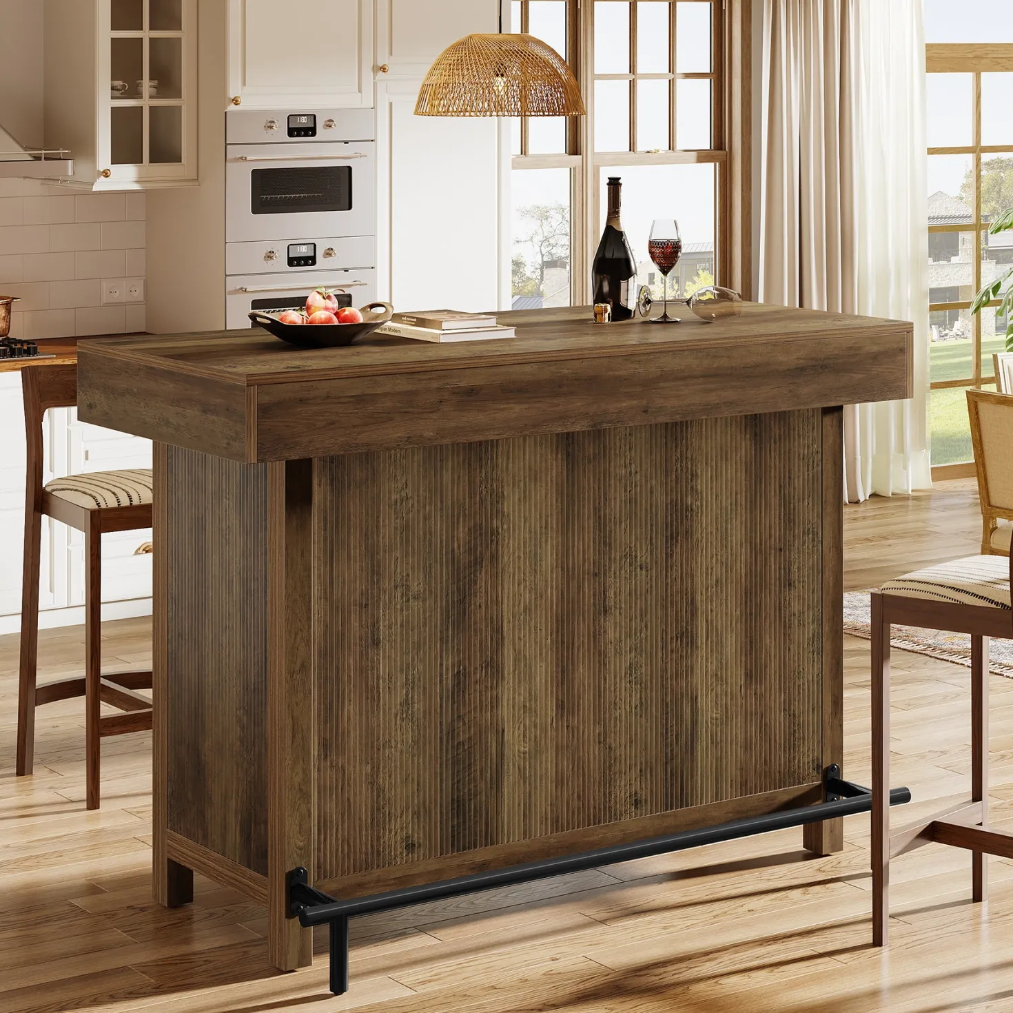 57.48" Bar Unit, Industrial Counter Height Bar Table with 2-Tier Storage