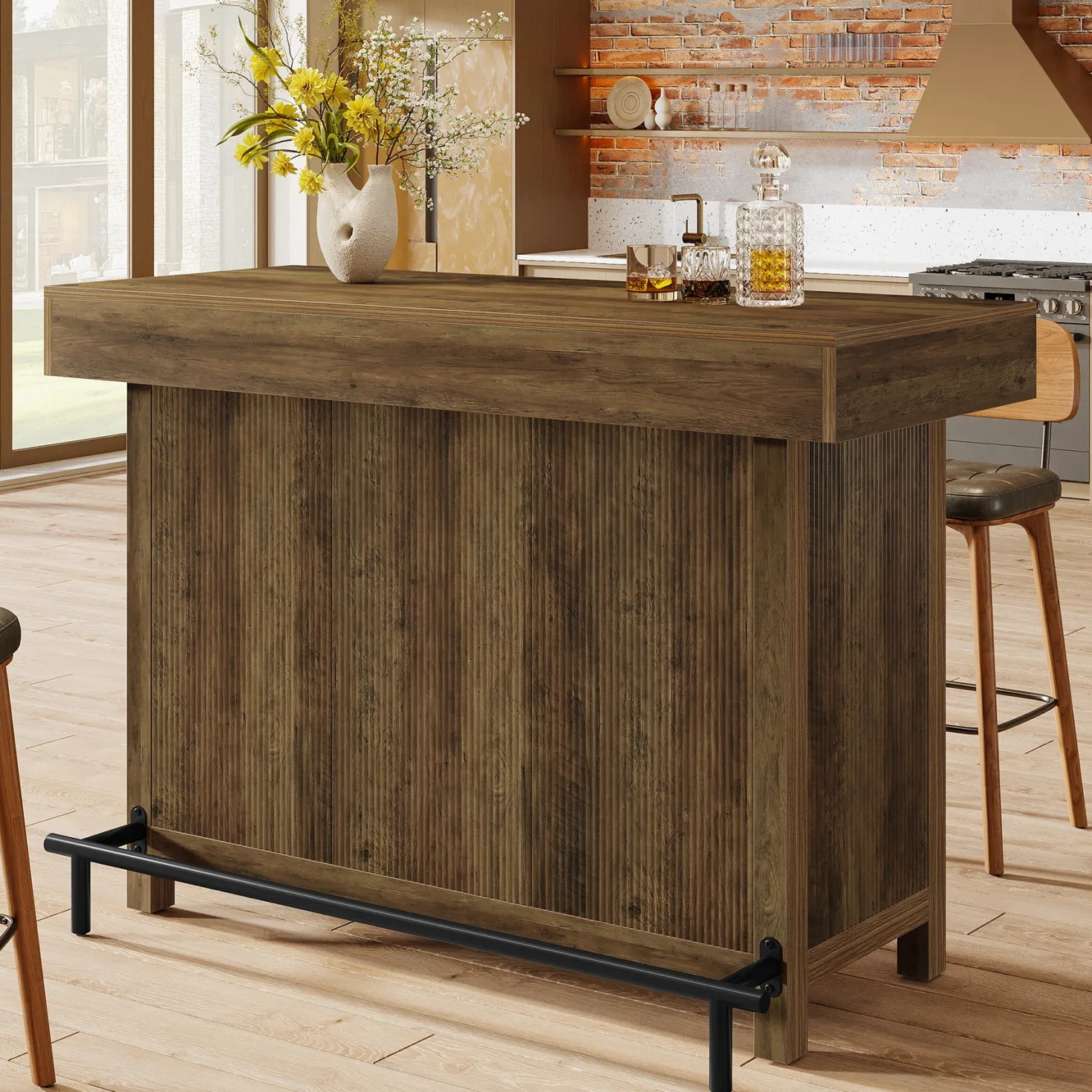 57.48" Bar Unit, Industrial Counter Height Bar Table with 2-Tier Storage