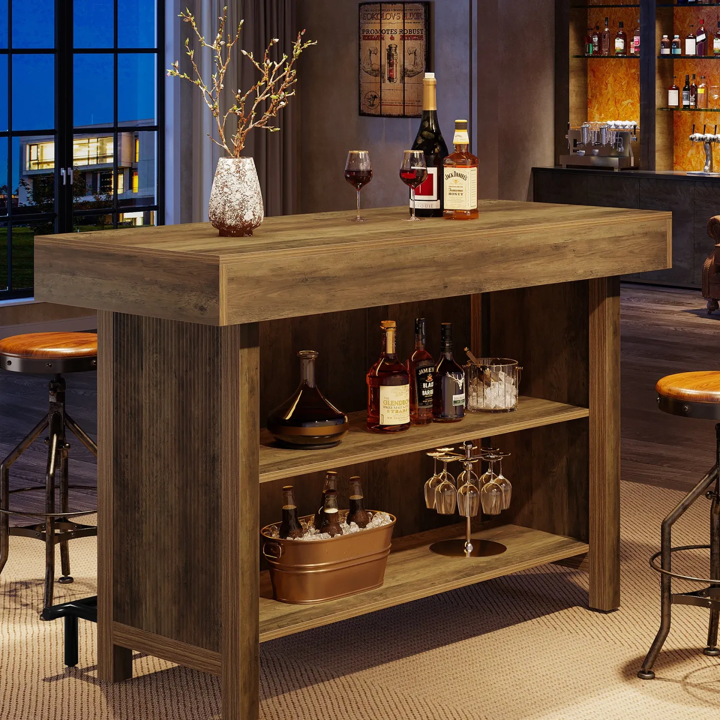 57.48" Bar Unit, Industrial Counter Height Bar Table with 2-Tier Storage