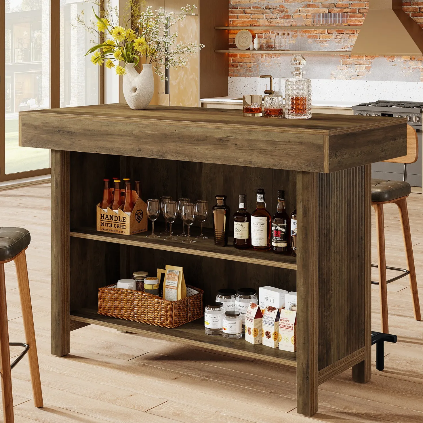 57.48" Bar Unit, Industrial Counter Height Bar Table with 2-Tier Storage