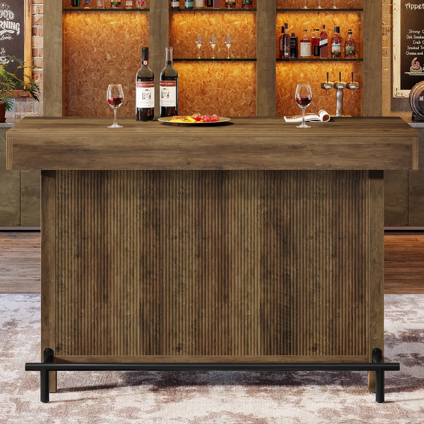 57.48" Bar Unit, Industrial Counter Height Bar Table with 2-Tier Storage