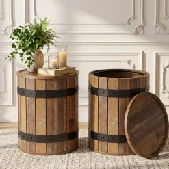 19.68" Barrel Side Table with Hidden Storage, Round Wood End Table with Lid for Living Room and Bedroom