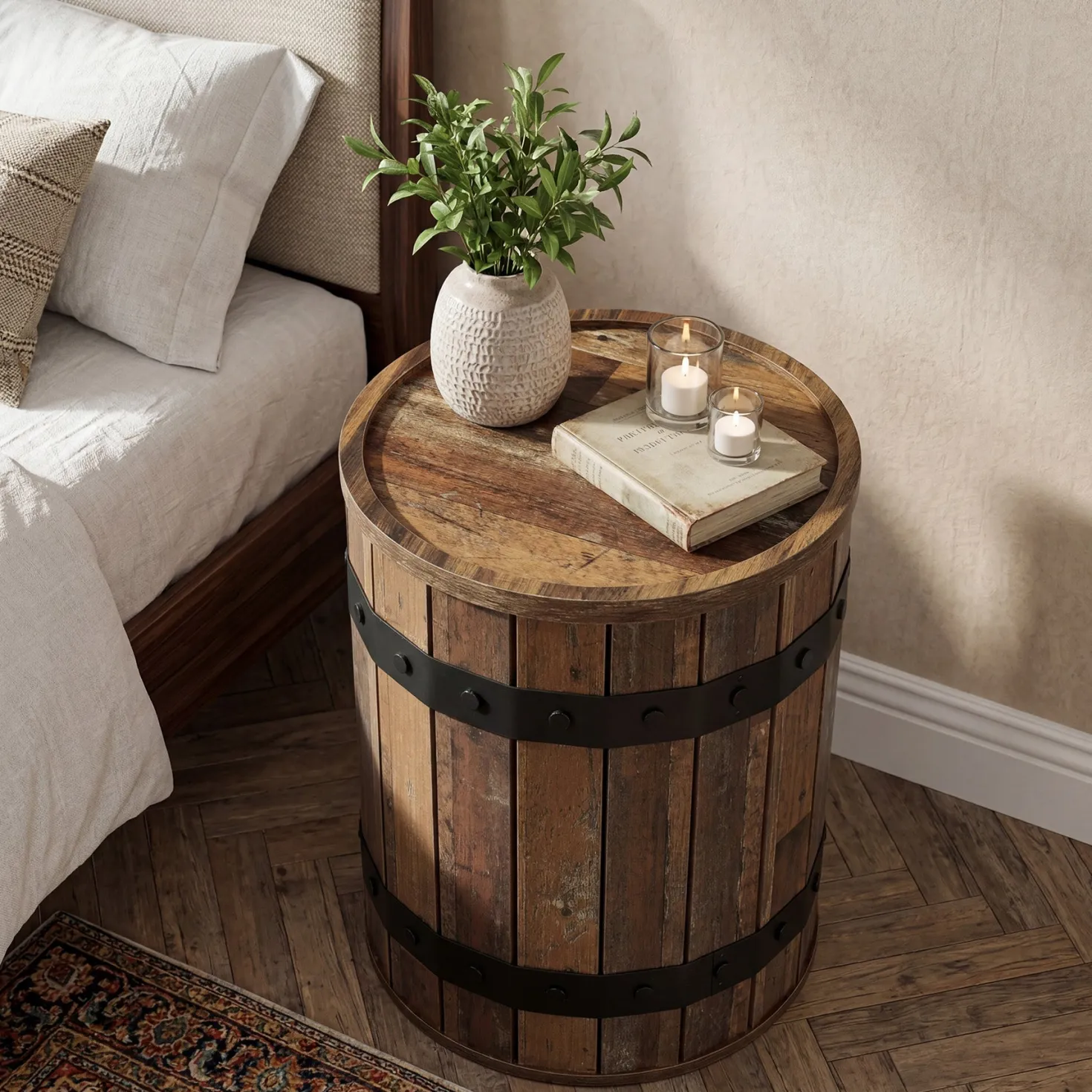 19.68" Barrel Side Table with Hidden Storage, Round Wood End Table with Lid for Living Room and Bedroom