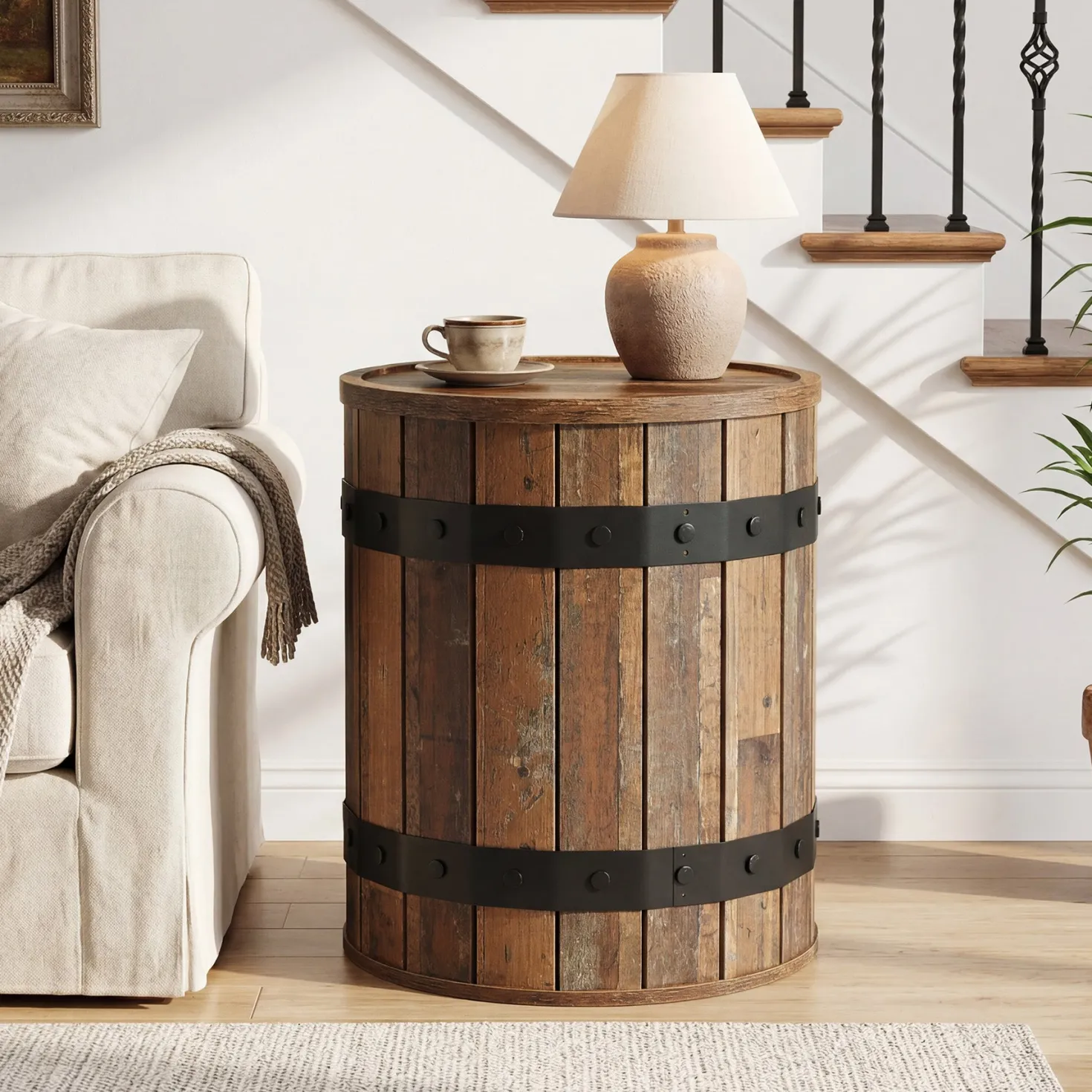 19.68" Barrel Side Table with Hidden Storage, Round Wood End Table with Lid for Living Room and Bedroom