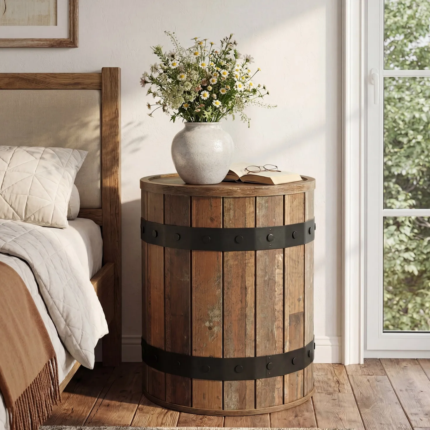 19.68" Barrel Side Table with Hidden Storage, Round Wood End Table with Lid for Living Room and Bedroom