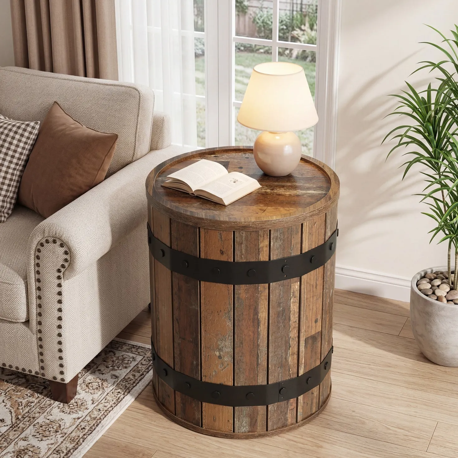19.68" Barrel Side Table with Hidden Storage, Round Wood End Table with Lid for Living Room and Bedroom