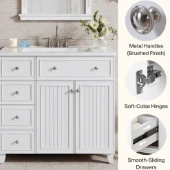 36" Bathroom Vanity With Ceramic Basin, Bathroom Sink Cabinet with Drawers