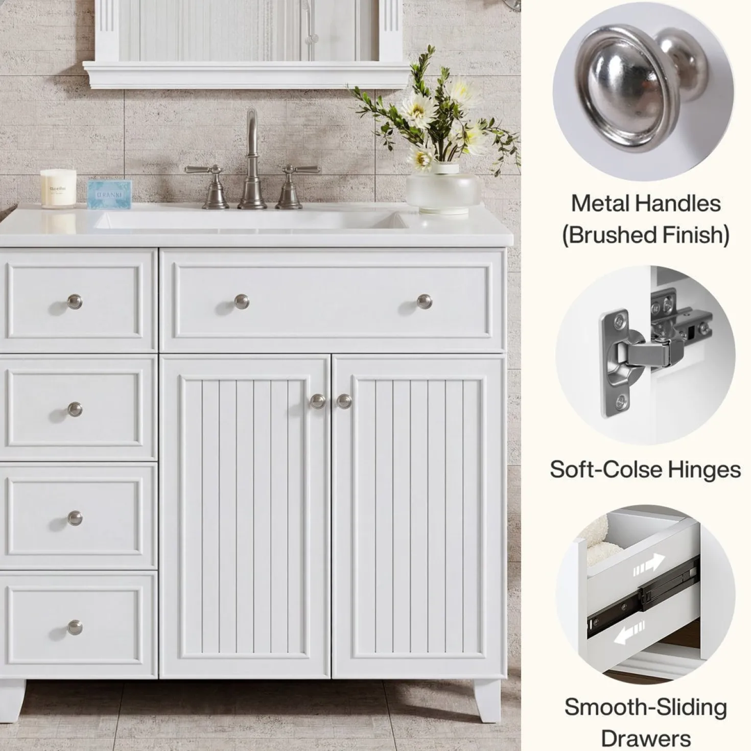 36" Bathroom Vanity With Ceramic Basin, Bathroom Sink Cabinet with Drawers
