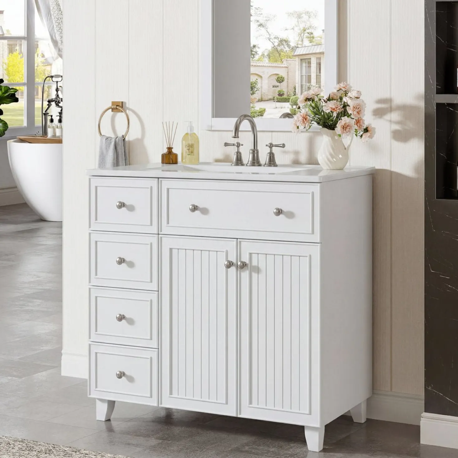 36" Bathroom Vanity With Ceramic Basin, Bathroom Sink Cabinet with Drawers