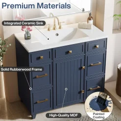 35" Bathroom Vanity with Sink, Modern Solid Wood Bathroom Cabinet with 4 Drawers