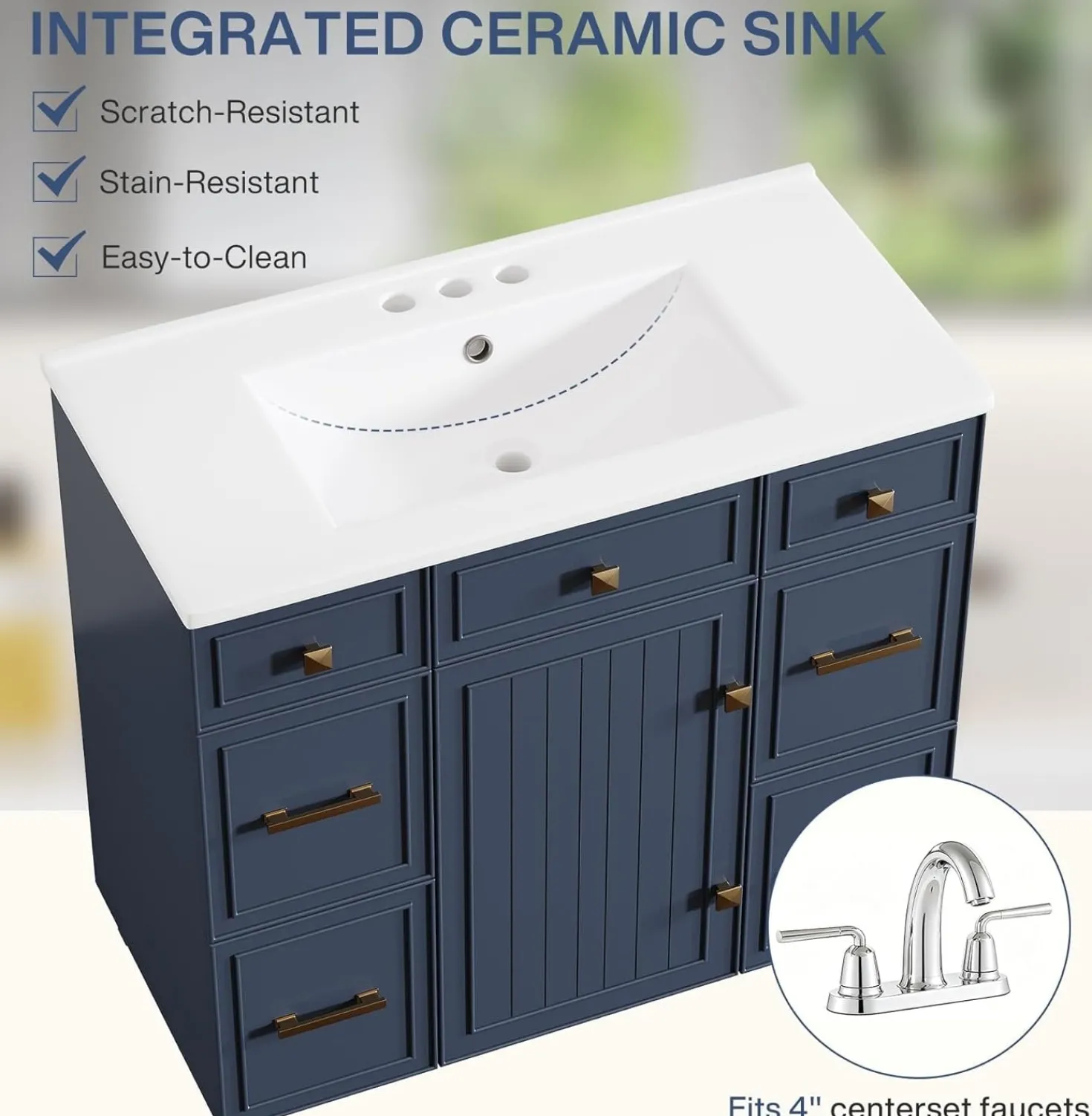 35" Bathroom Vanity with Sink, Modern Solid Wood Bathroom Cabinet with 4 Drawers