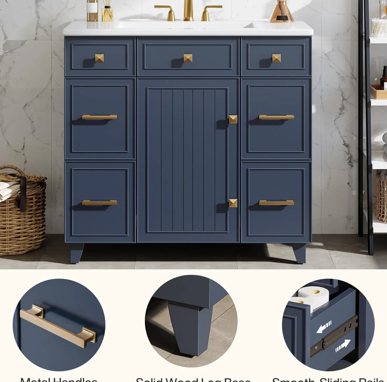 35" Bathroom Vanity with Sink, Modern Solid Wood Bathroom Cabinet with 4 Drawers
