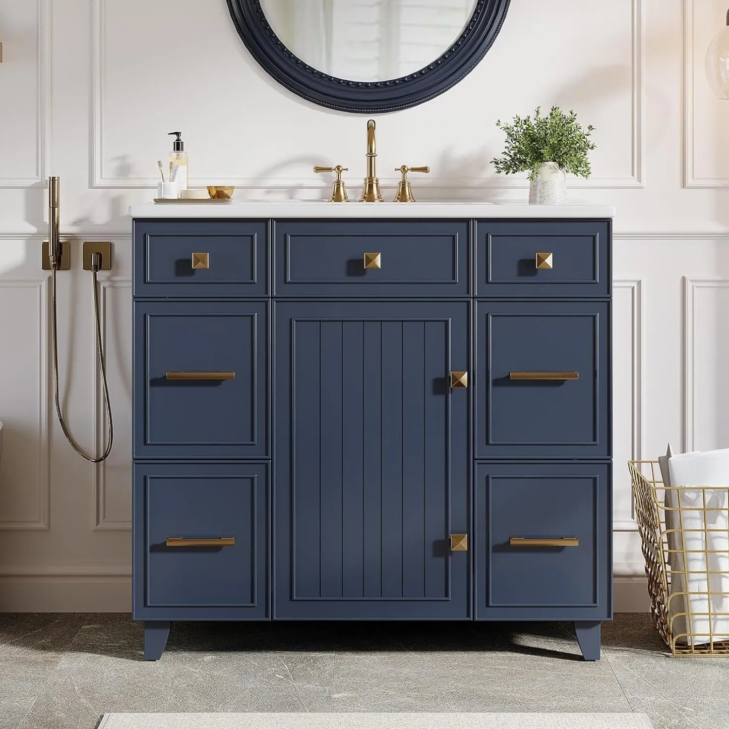 35" Bathroom Vanity with Sink, Modern Solid Wood Bathroom Cabinet with 4 Drawers