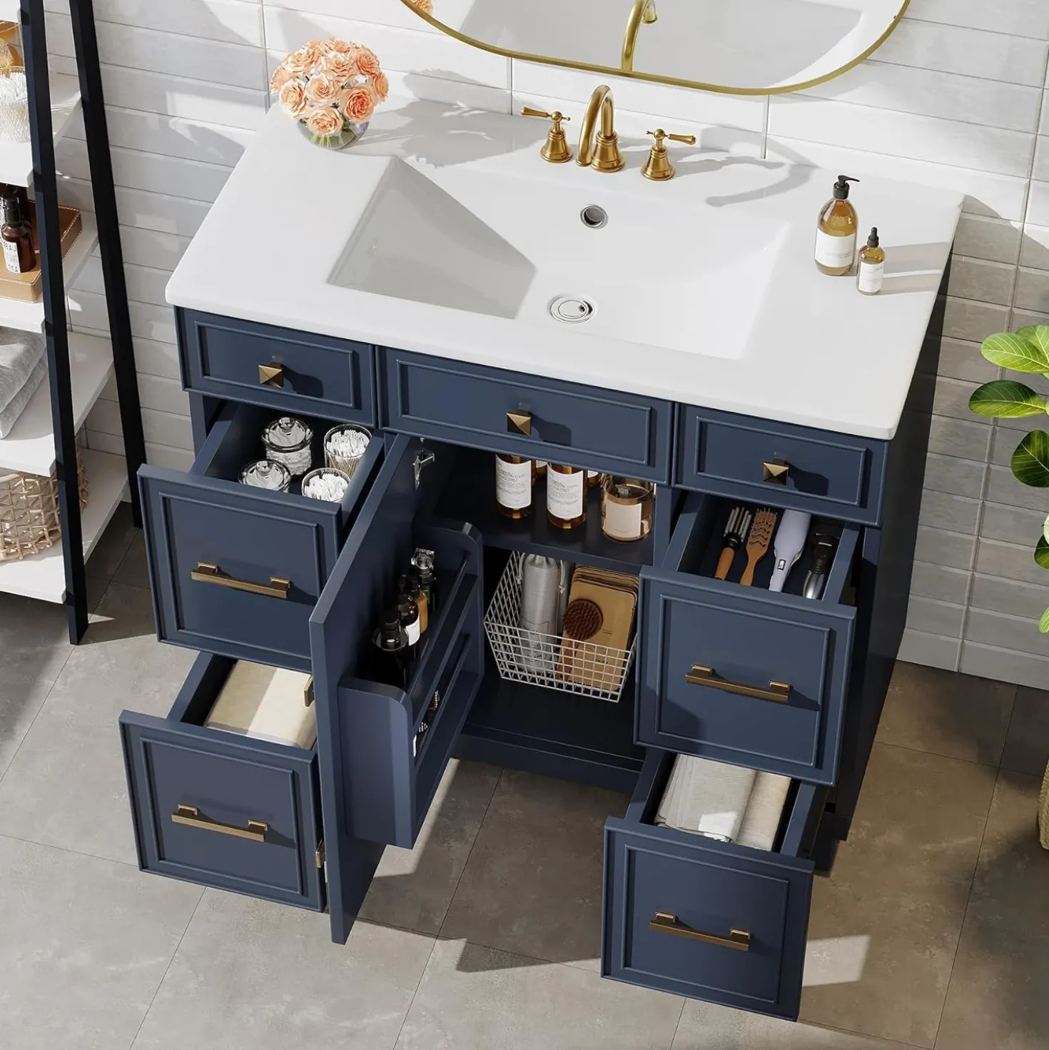 35" Bathroom Vanity with Sink, Modern Solid Wood Bathroom Cabinet with 4 Drawers