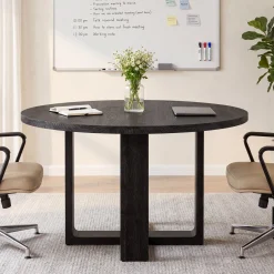 47.24" Black Solid Wood Conference Table, Round Meeting Table for 4–6 People with Cross-Shaped Base