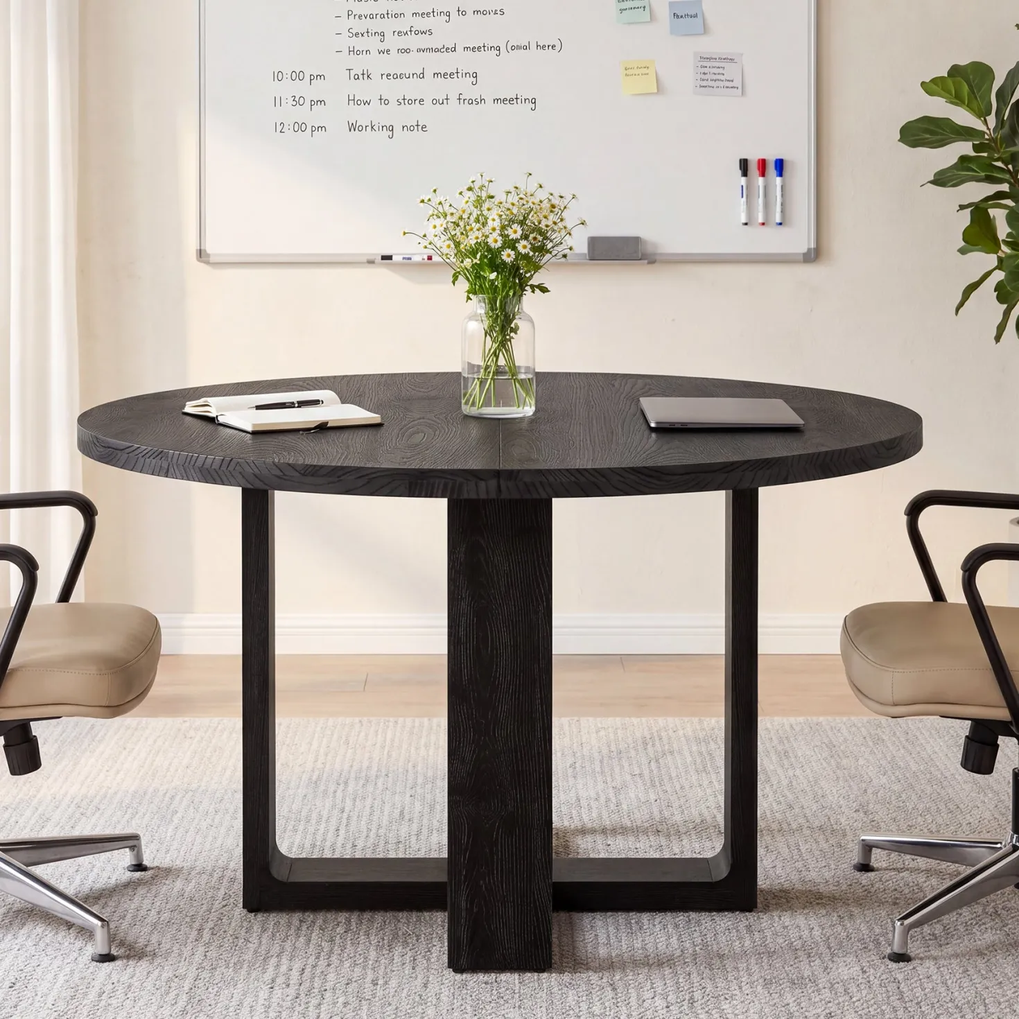 47.24" Black Solid Wood Conference Table, Round Meeting Table for 4–6 People with Cross-Shaped Base