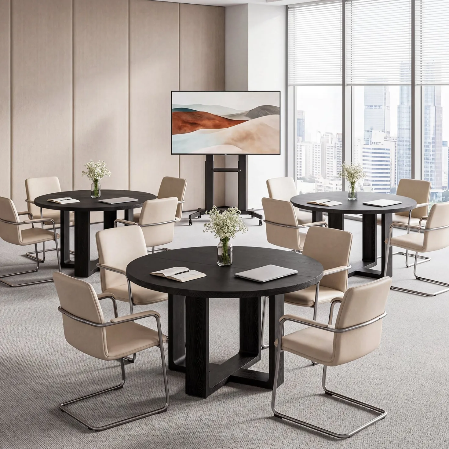 47.24" Black Solid Wood Conference Table, Round Meeting Table for 4–6 People with Cross-Shaped Base
