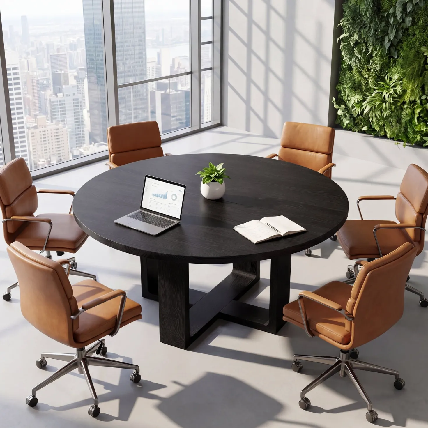 47.24" Black Solid Wood Conference Table, Round Meeting Table for 4–6 People with Cross-Shaped Base