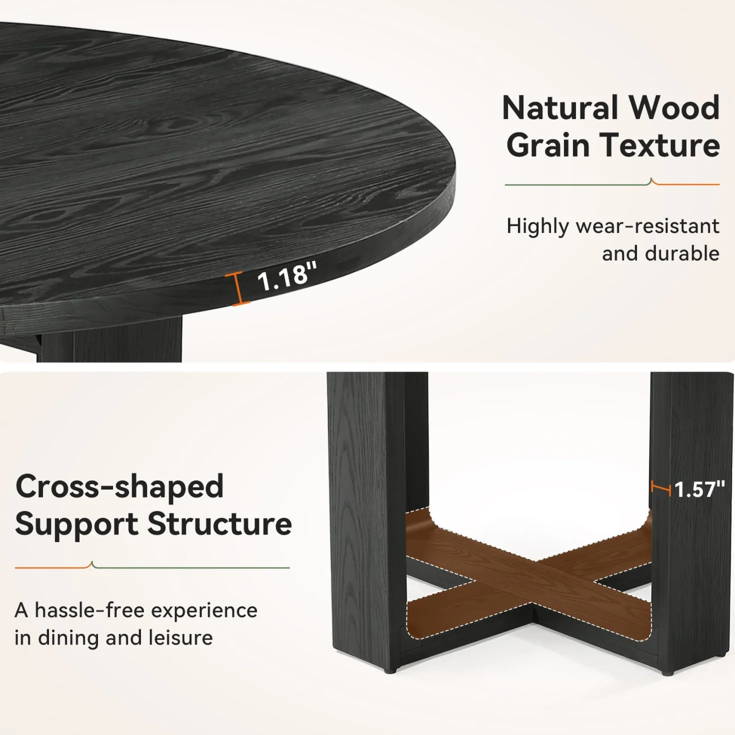 47.24" Black Solid Wood Conference Table, Round Meeting Table for 4–6 People with Cross-Shaped Base