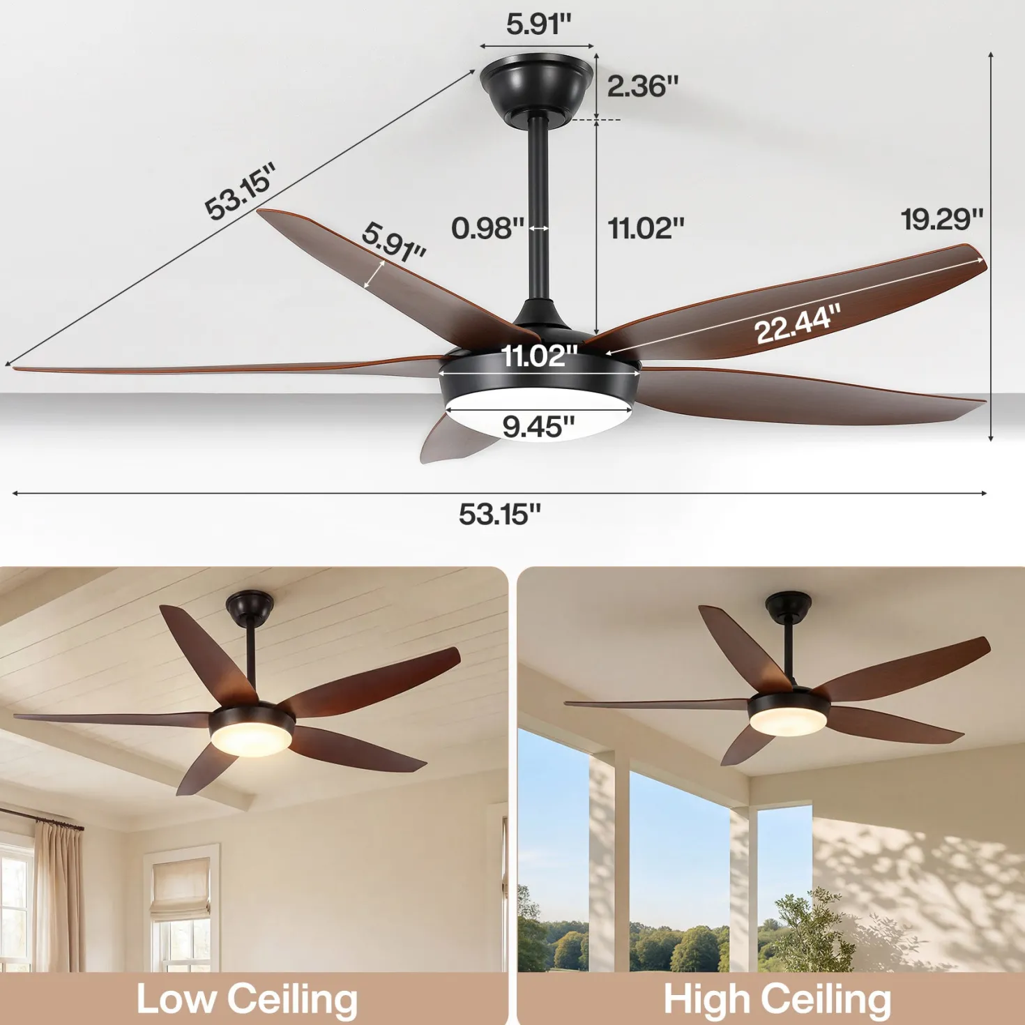 5 Blades Ceiling Fans with Dimmable LED Light and Remote Control