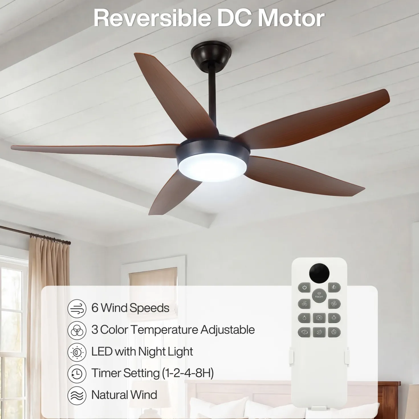 5 Blades Ceiling Fans with Dimmable LED Light and Remote Control