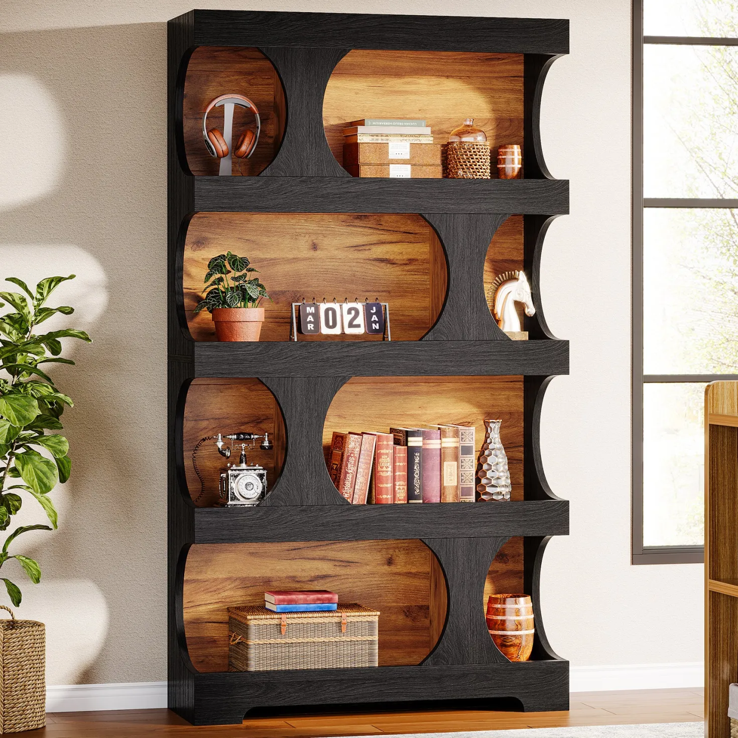 71" Bookcase, Modern Asymmetrical Bookshelf 4-Tier Display Shelf