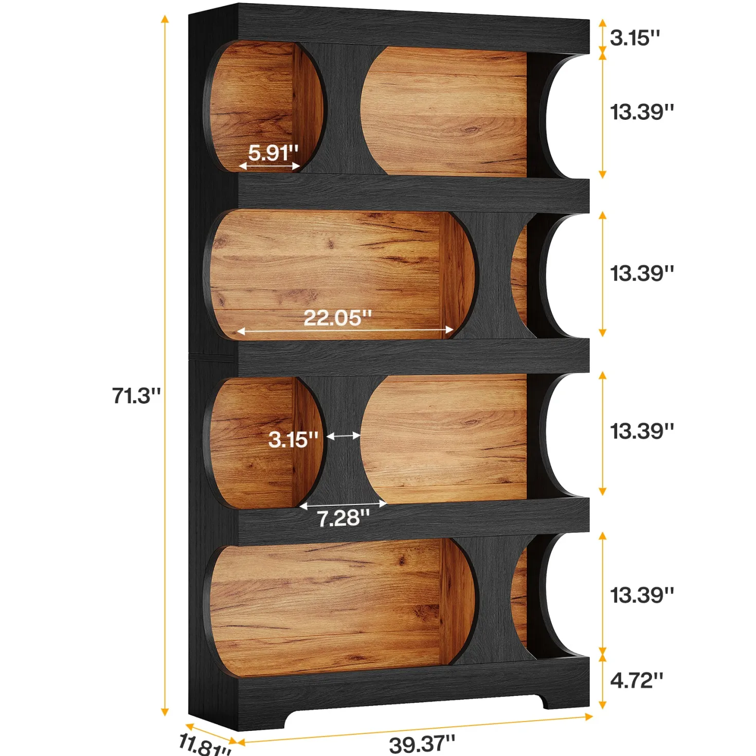 71" Bookcase, Modern Asymmetrical Bookshelf 4-Tier Display Shelf