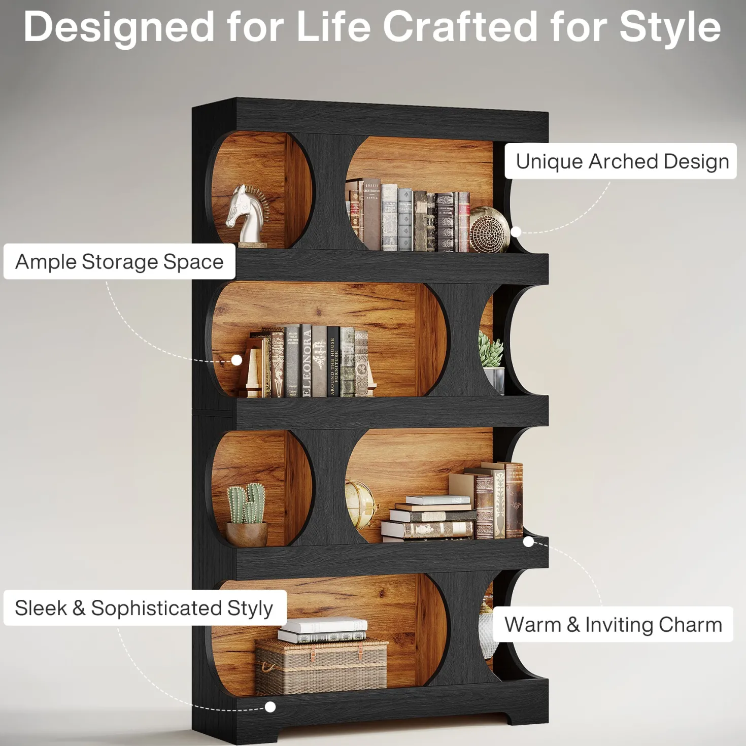 71" Bookcase, Modern Asymmetrical Bookshelf 4-Tier Display Shelf