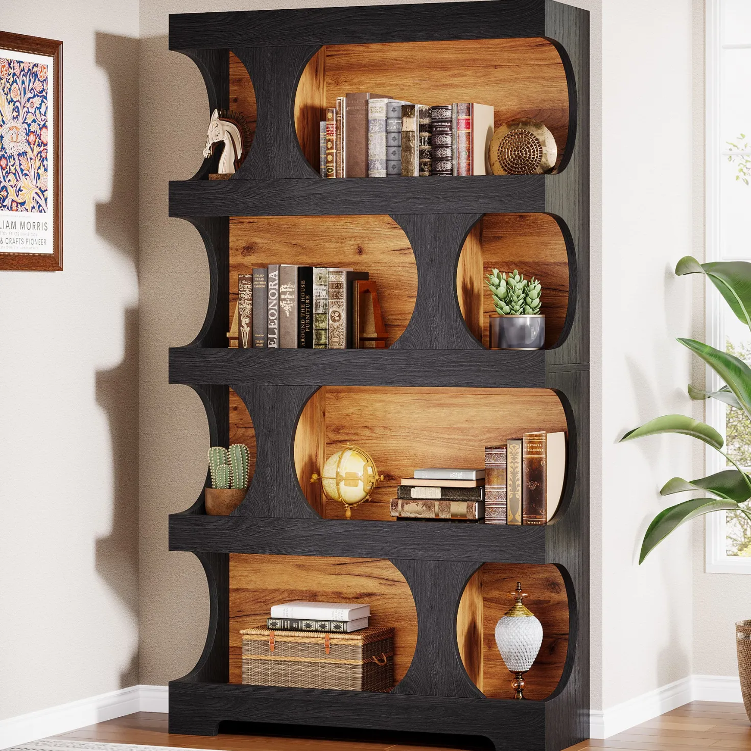 71" Bookcase, Modern Asymmetrical Bookshelf 4-Tier Display Shelf