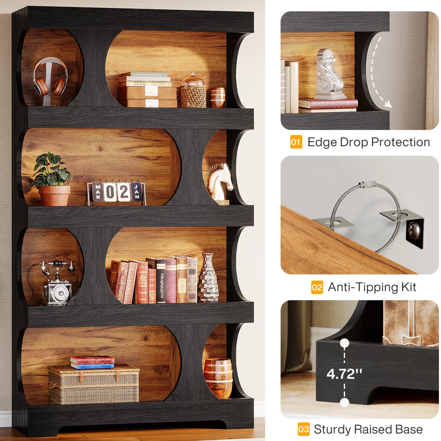 71" Bookcase, Modern Asymmetrical Bookshelf 4-Tier Display Shelf