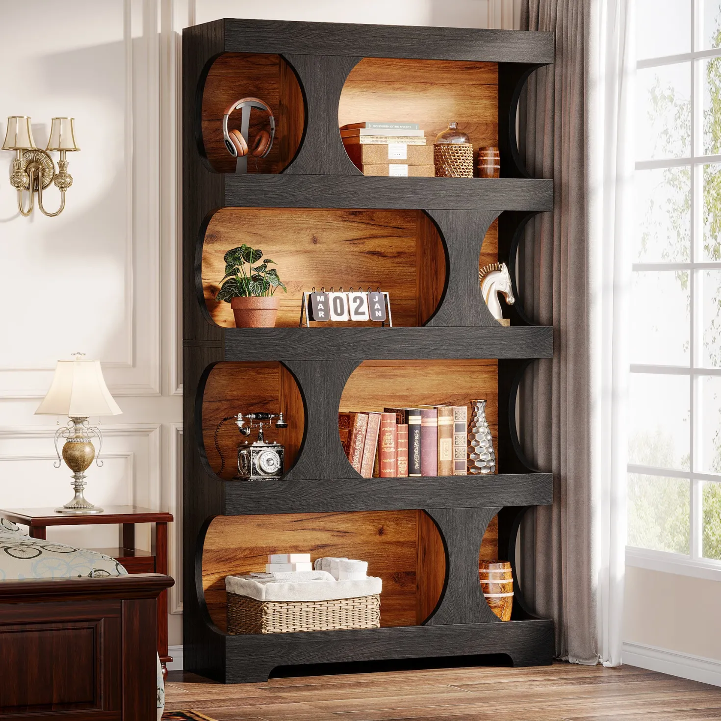 71" Bookcase, Modern Asymmetrical Bookshelf 4-Tier Display Shelf