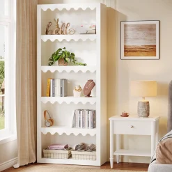 70" Bookcase, Modern 5-Tier Bookshelf Storage Organizer with Scalloped Edges