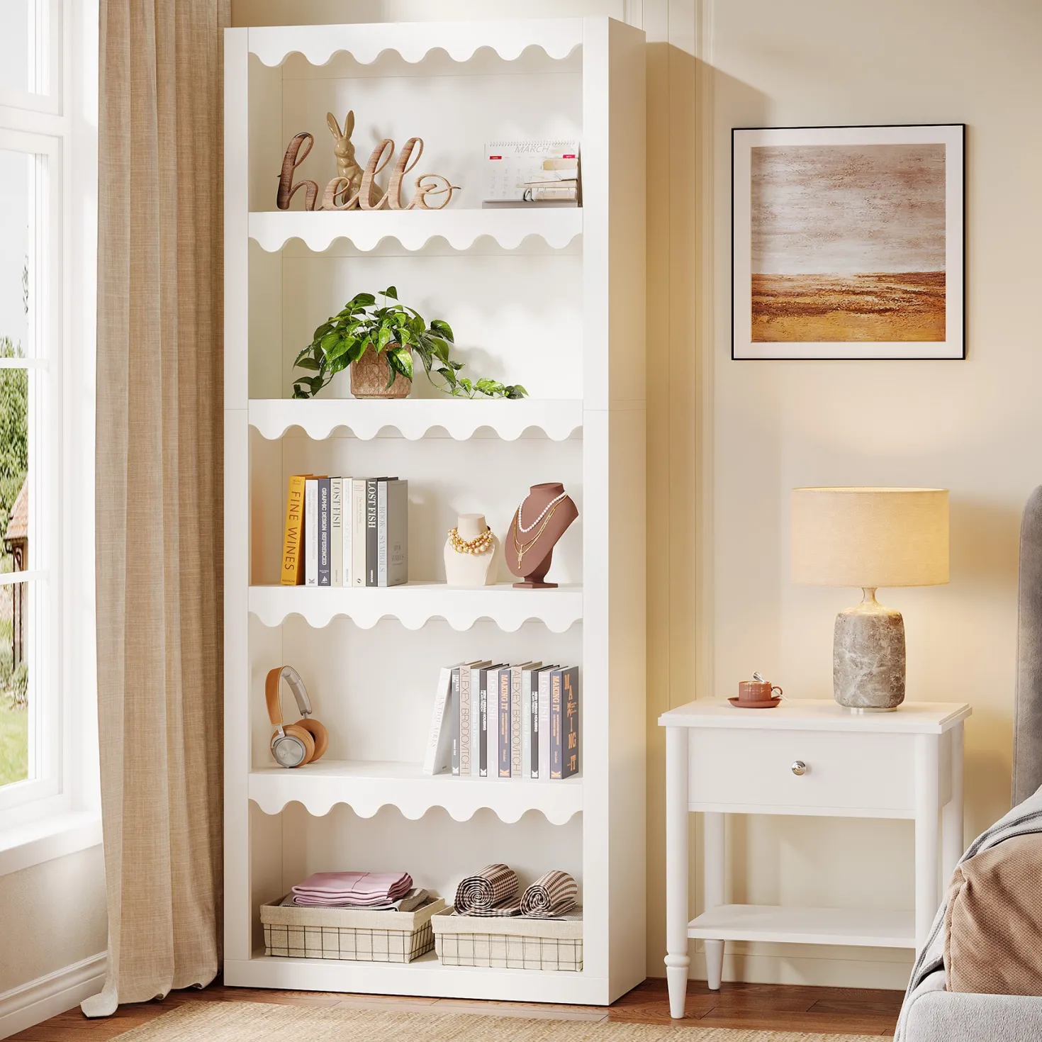 70" Bookcase, Modern 5-Tier Bookshelf Storage Organizer with Scalloped Edges