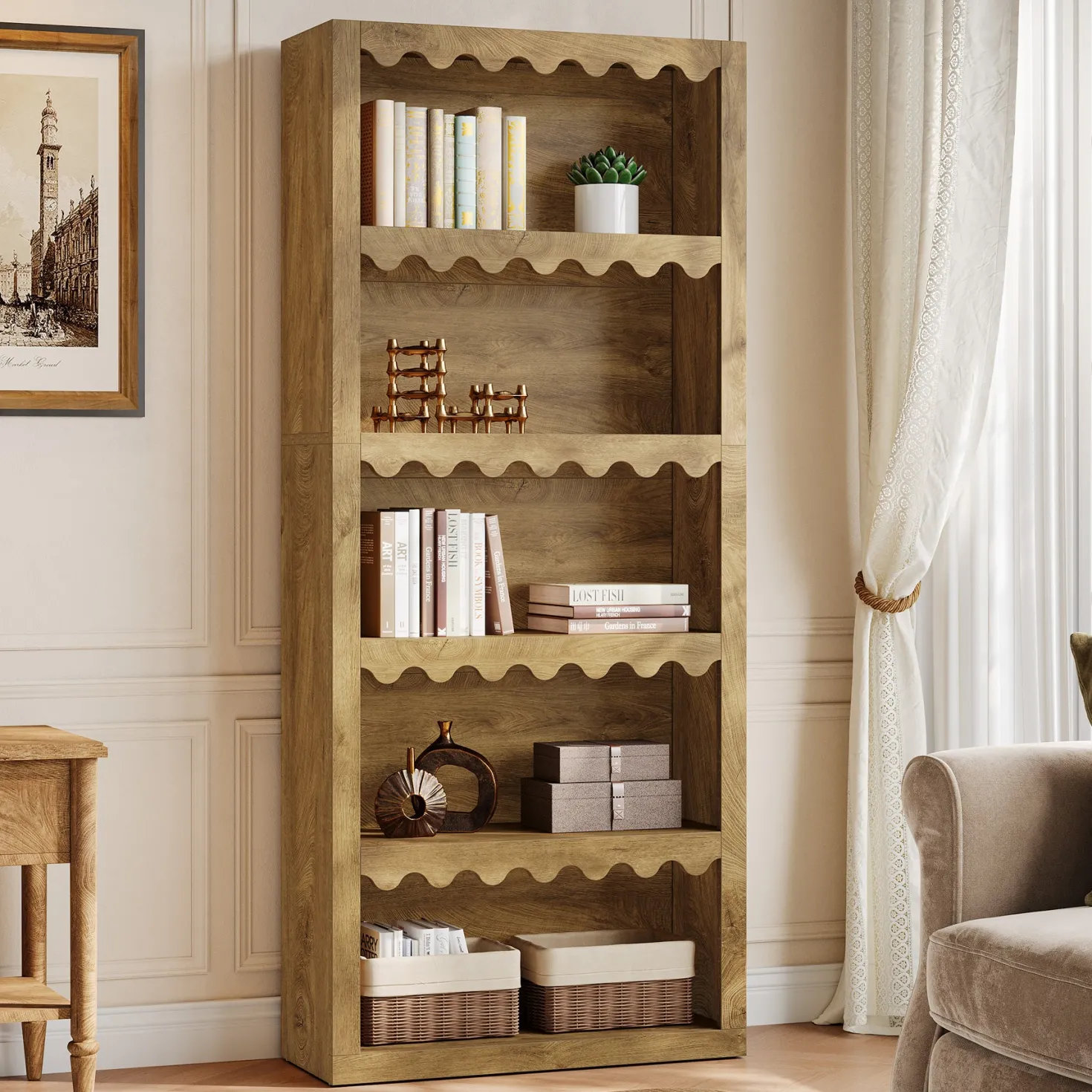 70" Bookcase, Modern 5-Tier Bookshelf Storage Organizer with Scalloped Edges