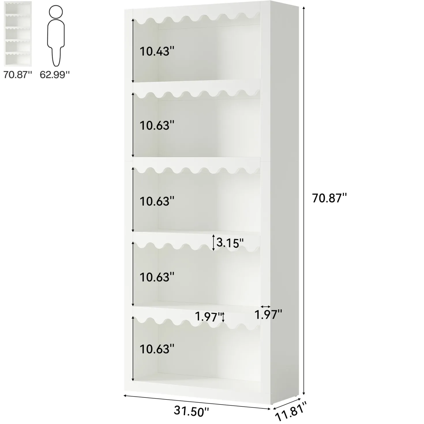 70" Bookcase, Modern 5-Tier Bookshelf Storage Organizer with Scalloped Edges