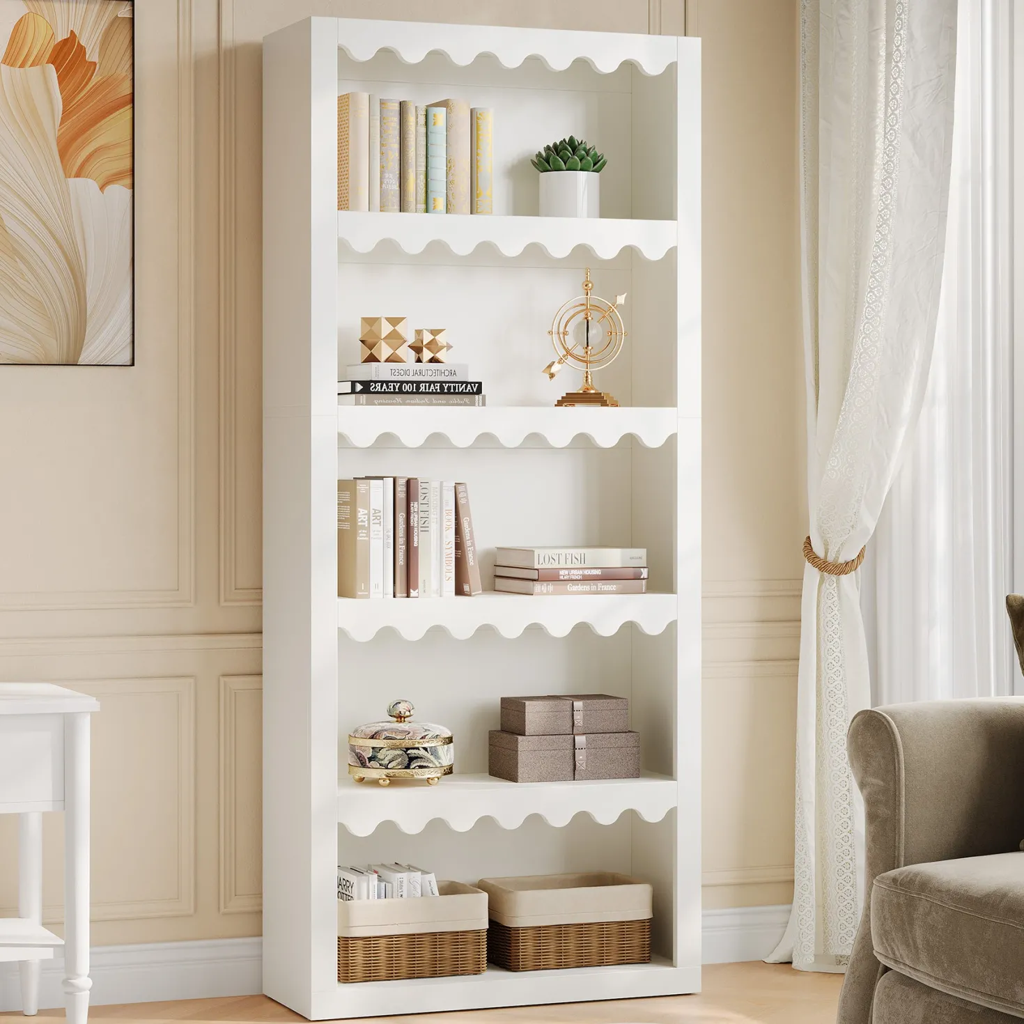70" Bookcase, Modern 5-Tier Bookshelf Storage Organizer with Scalloped Edges