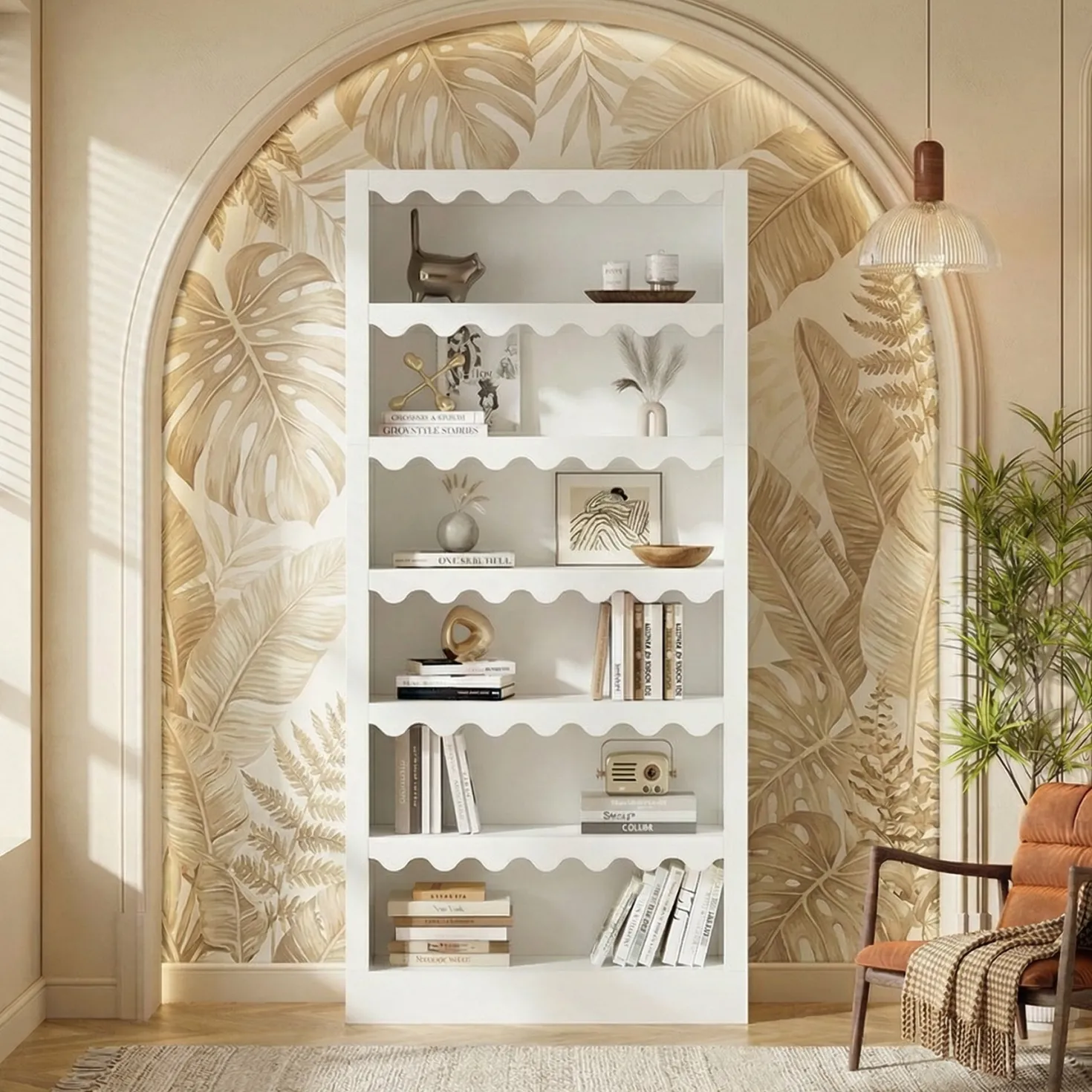 70" Bookcase, Modern 5-Tier Bookshelf Storage Organizer with Scalloped Edges