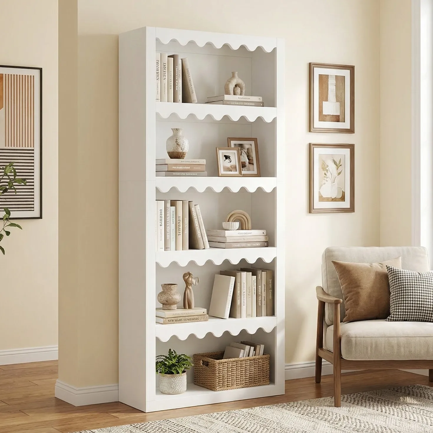 70" Bookcase, Modern 5-Tier Bookshelf Storage Organizer with Scalloped Edges