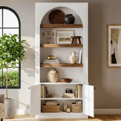 71" Bookcase with Doors, 6-Tier Modern Arched Bookshelf for Home Office