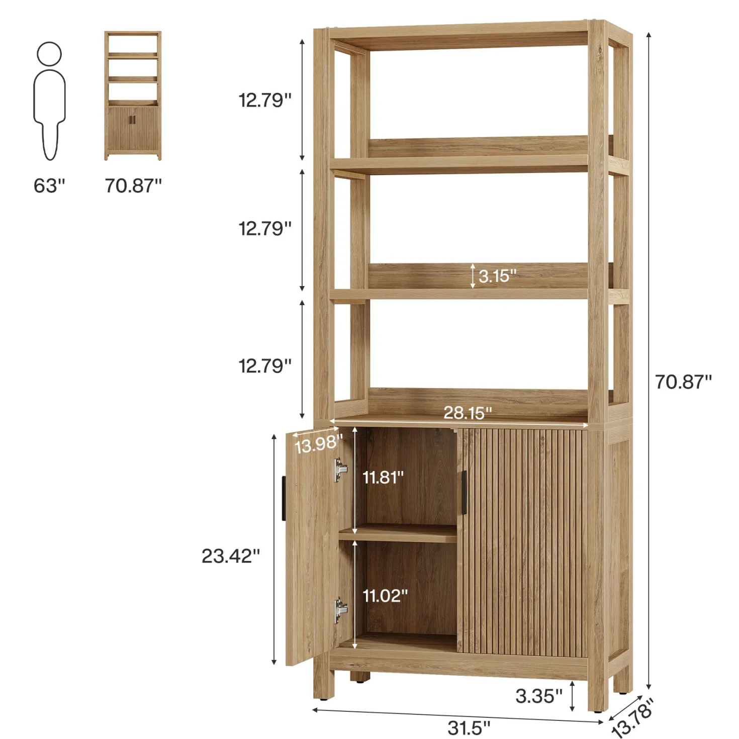 70.9" Bookcase, Wooden Bookshelf with 3-Tier Open Shelf and Door Cabinet