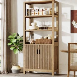 70.9" Bookcase, Wooden Bookshelf with 3-Tier Open Shelf and Door Cabinet